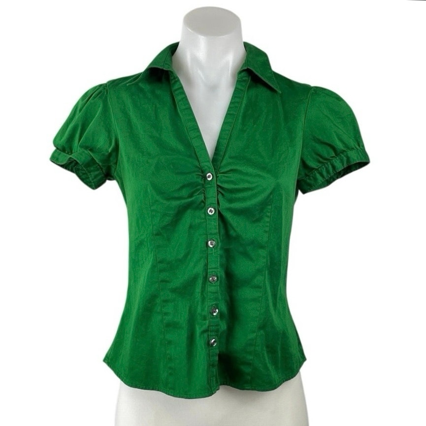 Ann Taylor Loft Petites Green Ruched Puff Sleeve Button Down Shirt Blouse Top Sp